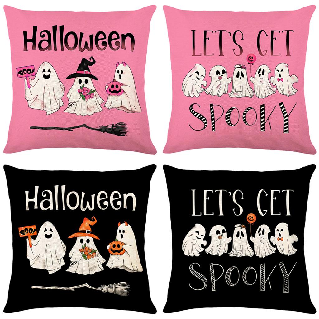 4 Pack Halloween Linen Throw Pillow Covers Cushion Case Vintage Square Pillowcase for Couch Sofa Bed Living Room Home Decor