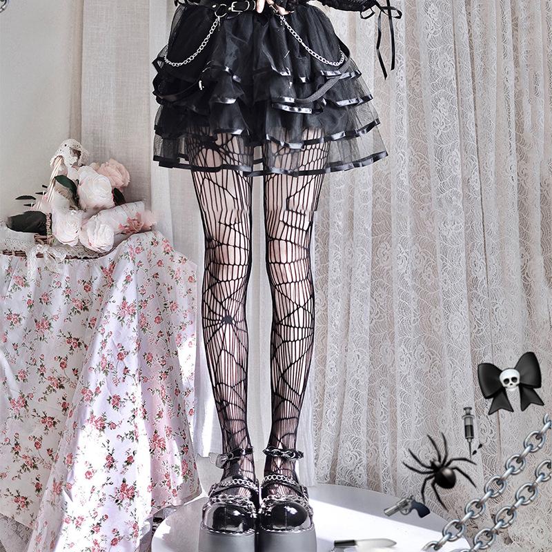 Czarne Jedwabne Koronkowe Kabaretki Lolita dla Kobiet - Odporne na Zaciągnięcia, Mikropresja, Piękne Nogi