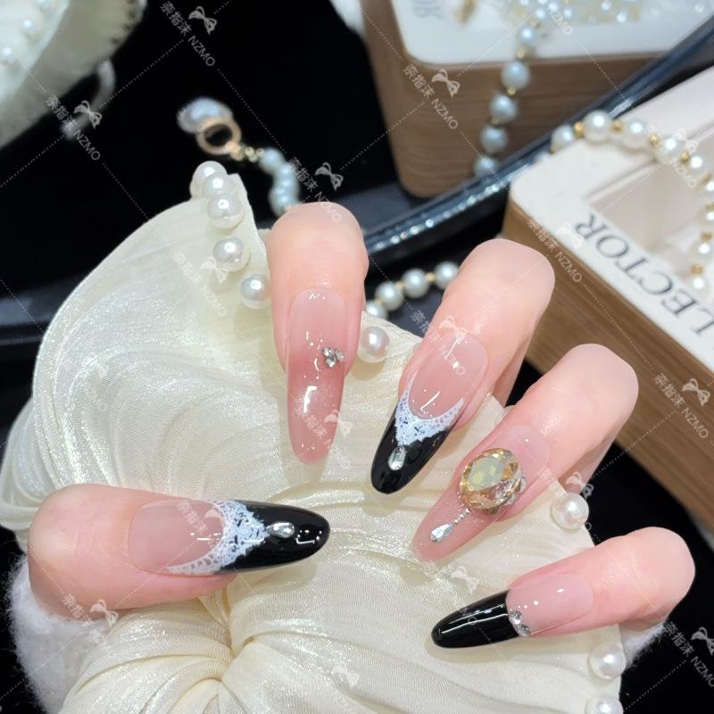 L71 Black French Design Rhinestone Patchwork Wearable Nails XS (Long Oval)