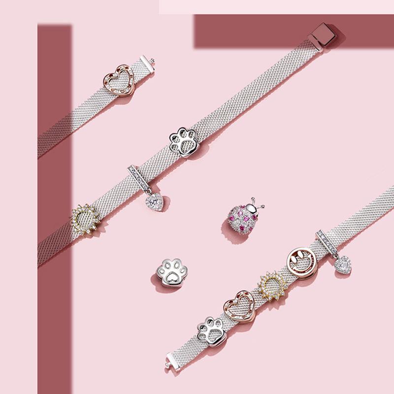 Heart-Shaped 925 Sterling Silver Beads with Rose Gold Plating and Zircon Inlay