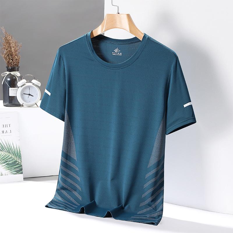 Tricou cu mânecă scurtă, rece și respirabil, pentru bărbați, de vară, din mătase de gheață, cu gât rotund, tricou casual