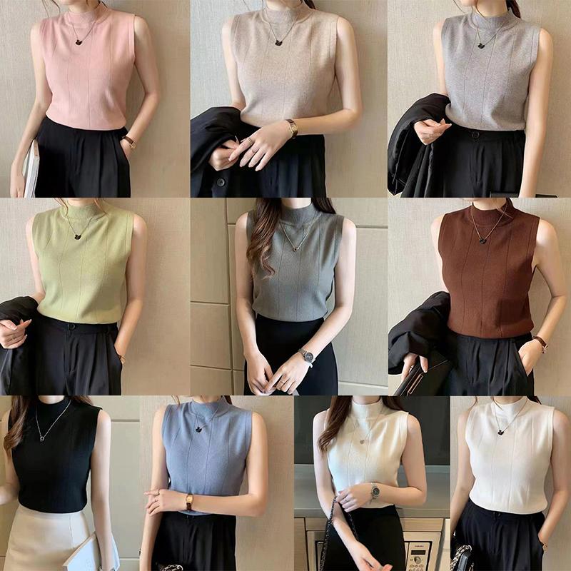 Modisches Strick-Tanktop mit halbem Rollkragen Sommer Damen Lässig Unifarben Ärmellose Weste