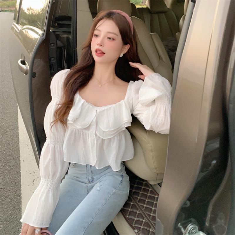 Sweet Temperament Square Neck Ruffled Bubble Sleeves Women's Shirt