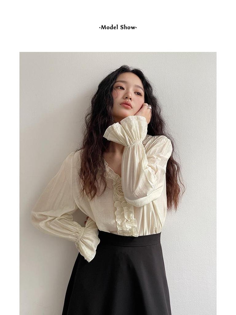 Camisa Feminina Ge Ming com Flores 3D e Manga Sino - Top Retro Francês de Primavera