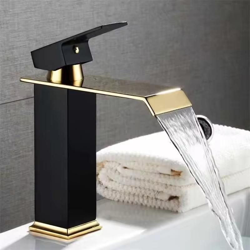 KAWAL Luxury Antique Design Basin Faucet Black Golden Waterfall Bathroom Mixer Modern Deck Mounted Basin Faucet