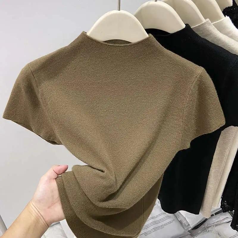 Summer Women's Black Half Turtleneck Short Sleeve Slim Fit Casual Top