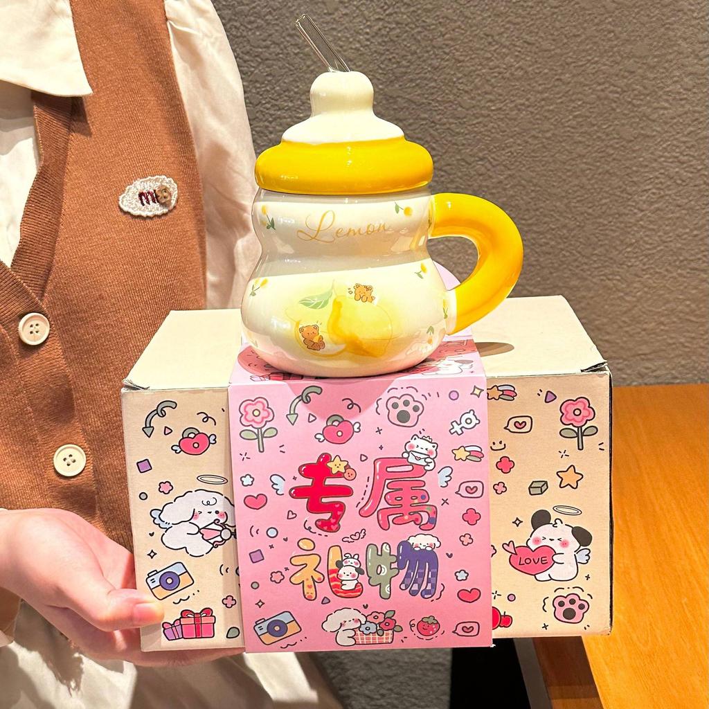 Super cute strawberry straw drinking cup for girls' birthday cup ceramic mug with lid girlfriend souvenir gift