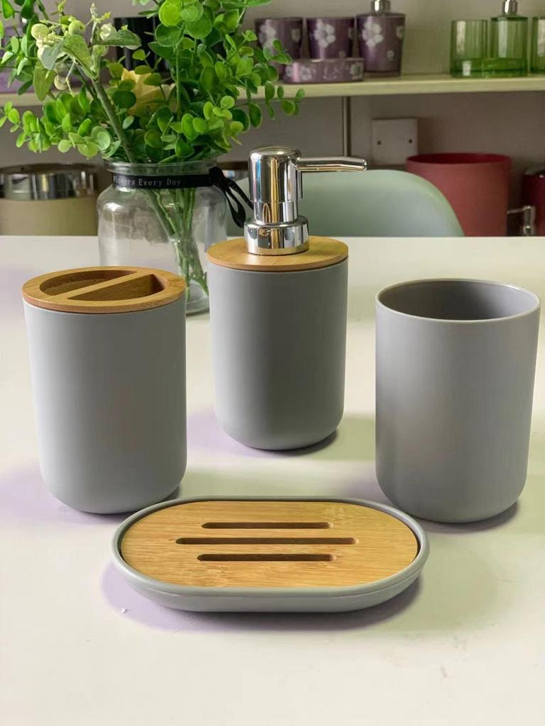 Bathroom Accessory Set: Toiletry Bottles, Toilet Brush, and Trash Can
