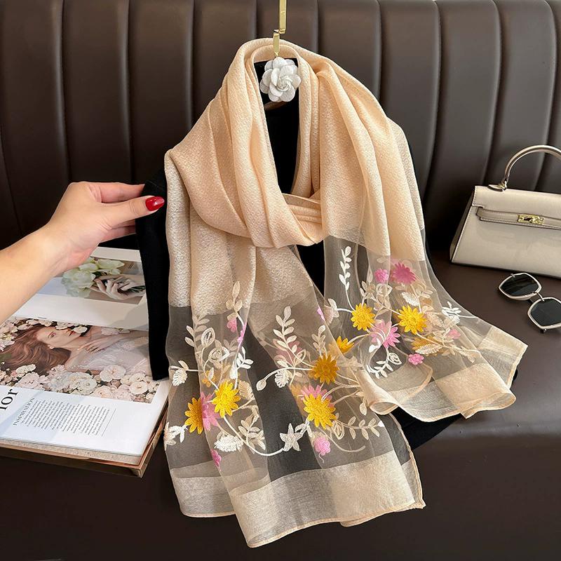 Floral Embroidery Elegant Silk Scarf Simulated Silk Soft Thin Shawl Scarf Solid Color 180*70Cm Beach Uv Protection Turban