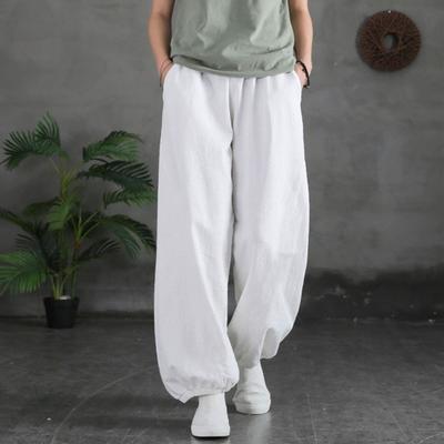 Dames Harembroek Elastische Hoge Taille Casual Broek met Zakken Effen Kleur Losse Pasvorm Wijde Pijpen Bloomers