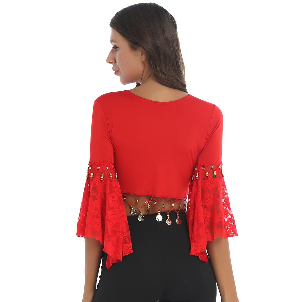 Womens Belly Dance Crop Top Lace Patchwork 3/4 Flared Sleeves Bell Bead Tassel Lace Up Detail Shawl Cardigan
