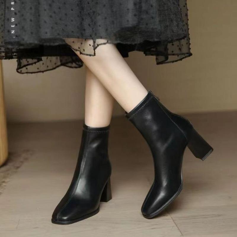 White Boots Women's Autumn and Winter New Thin Boots Rear Zipper Square Head Thick Heel Soft Leather Velvet Fashion Boots