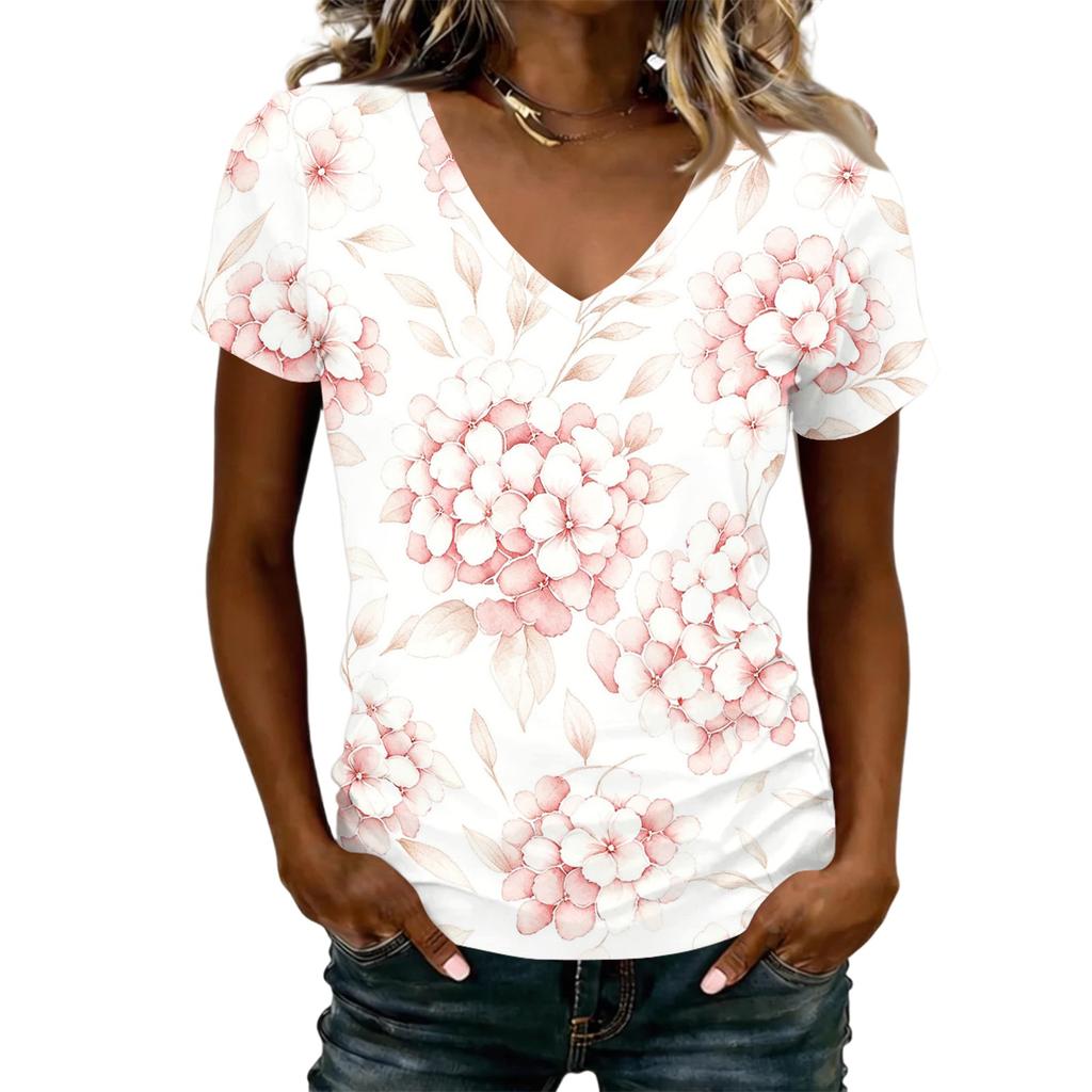 Women V Neck Short Sleeve T Shirt with Floral Print Casual Loose Fit Lightweight Top for Daily Wear Office or Travel
