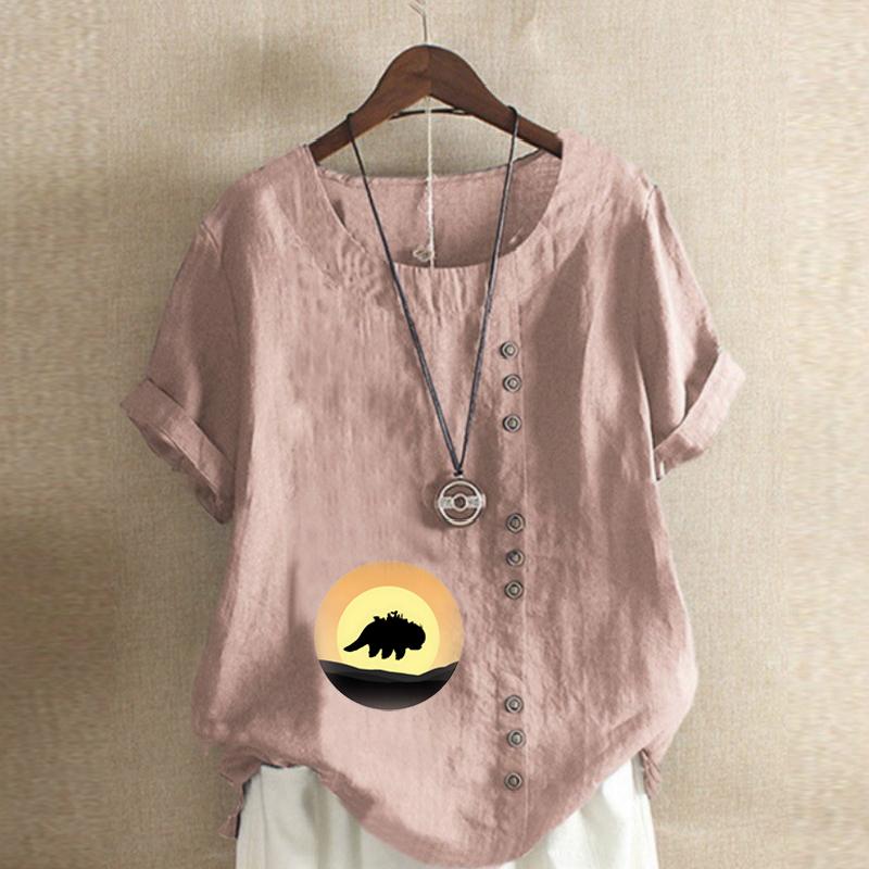 Women's Fashion Round Neck Short Sleeve T-shirt Casual Cotton Linen Graphic Shirt Shadow Prined Summer Blouse Tops Plus Size