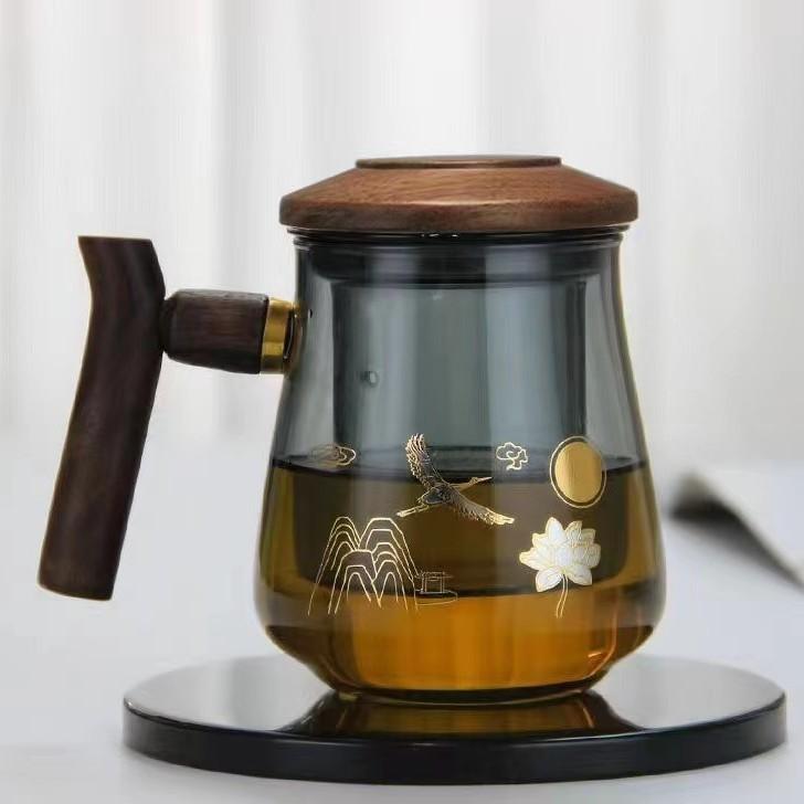 Hochborosilikatglas Hochtemperaturbeständig Glas Teetasse Tee-Wasser-Trennung Kann getrennt werden Dreiteilige Holztasse Büro Trinkbecher