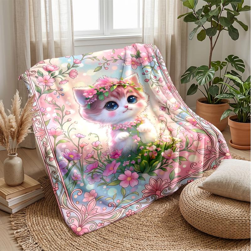Flower Crown Cat Theme Blanket Lightweight Warm Flannel Blanket Decorative Throw Blanket for Home Decoration