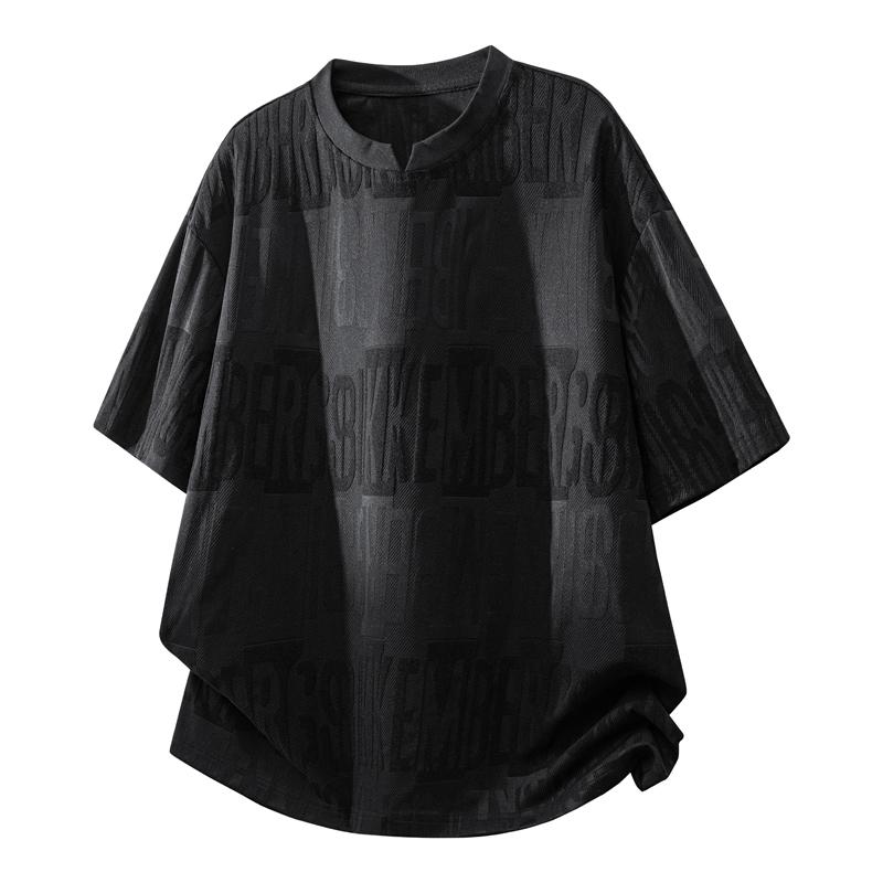 Summer Short Sleeved T-shirt Men's Ice Silk Versatile Top Half Sleeved T-shirt Round Neck Jacquard T-shirt