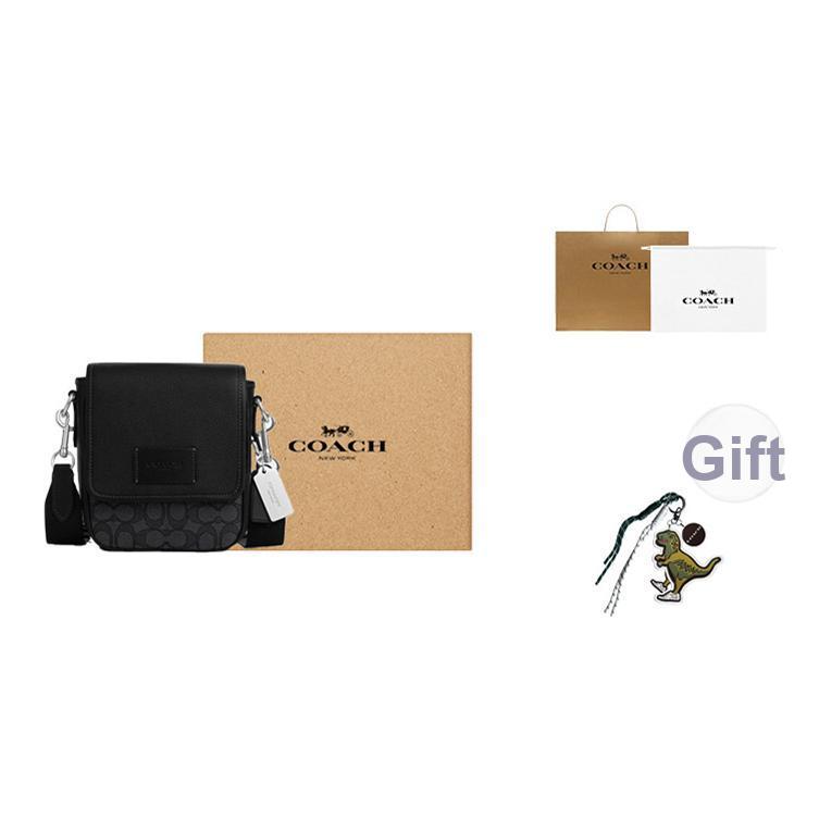Coach Lucas 16 Classic Monogram Magnetic Closure Leather And Fabric Shoulder Crossbody Bag Small Men bags Black CO915-SVO1U