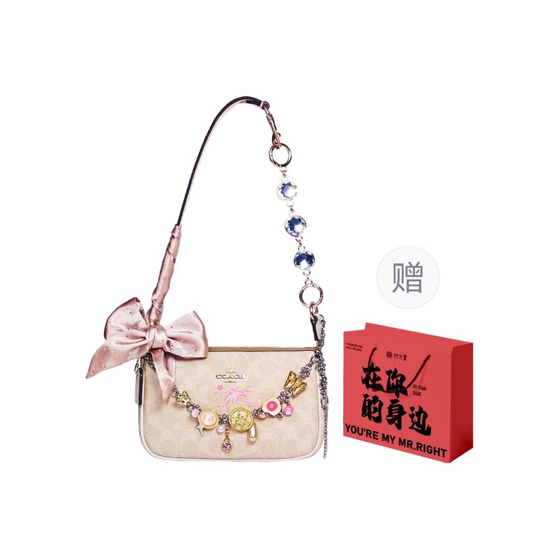 COACH shoulder bag [Customized bag] Nolita 19 Naked Apricot Ribbon Diamond Classic Old Flower Print Chain Pink Decorative Pendant Commuting dolphin
