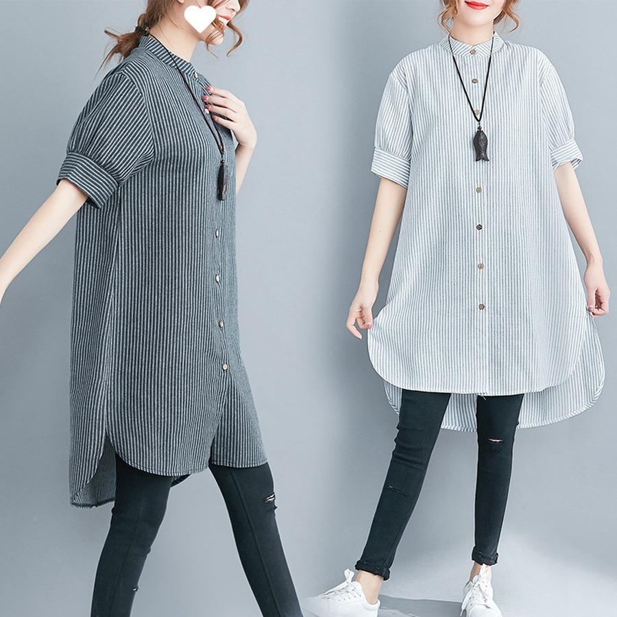 Летняя Новая Хлопково-льняная Бохо Стиль Свободная Оверсайз Полосатая Рубашка Женская С Длинным Рукавом Стойка Воротник Рубашка M чёрный