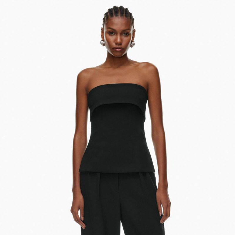 

W186Tp European and American Style Hot Girl Summer Ins Solid Color Strapless Backless Slim Fit Slit Casual Turn-Down Collar Women s T-Shirt Top Black W186Tp M