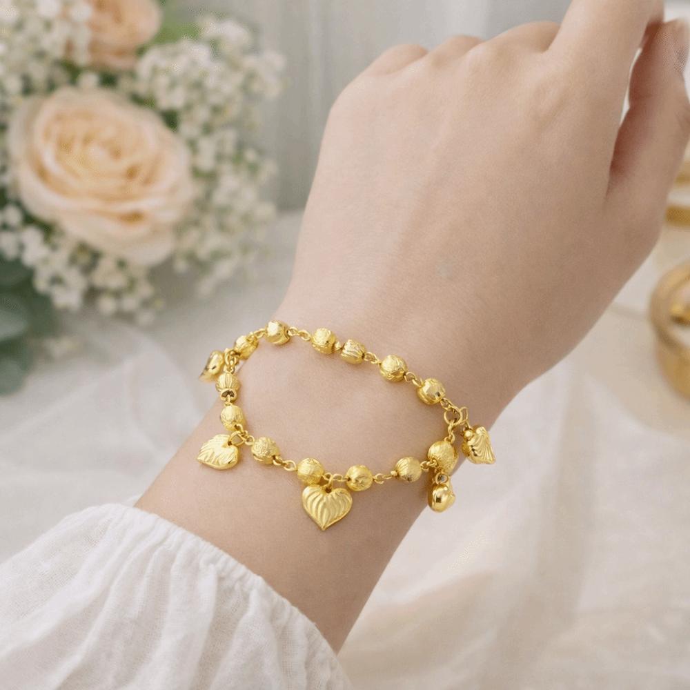 4mm Width Heart Charm Hand Chain Elegant Multi Bead Cuban Chain Gold Pendant Bracelets Daily