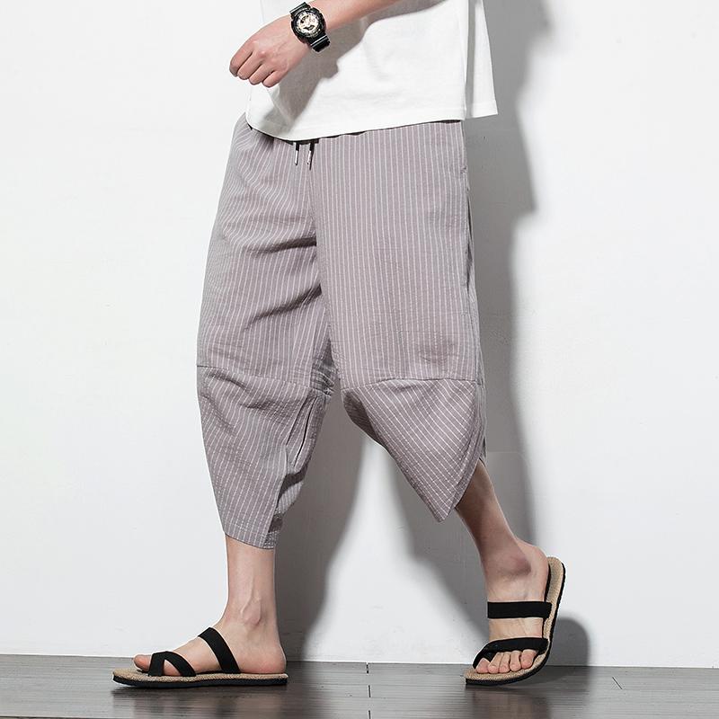 Harajuku Casual Wide Leg Harem Pants Men 2024 Summer Cotton Baggy Pants Striped Calf Length Trousers