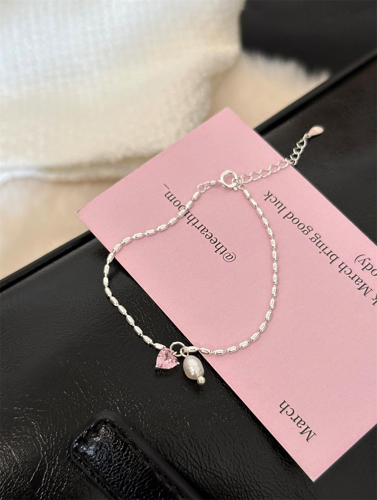 

Браслет из рисовых бусин из стерлингового серебра S925, женский, с подвеской из циркония и жемчуга, роскошный дизайн, сладкие розовые ювелирные изделия из циркония, новые 925 Silver