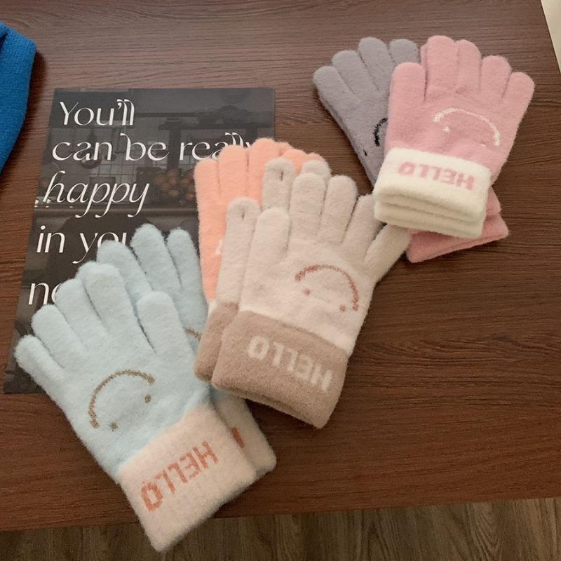 Warm Gloves for Women In Winter Can Be Plush Smiley Face with Bare Fingers and Plush Cute Five-finger Students Riding Bicycles To Prevent Cold Wind