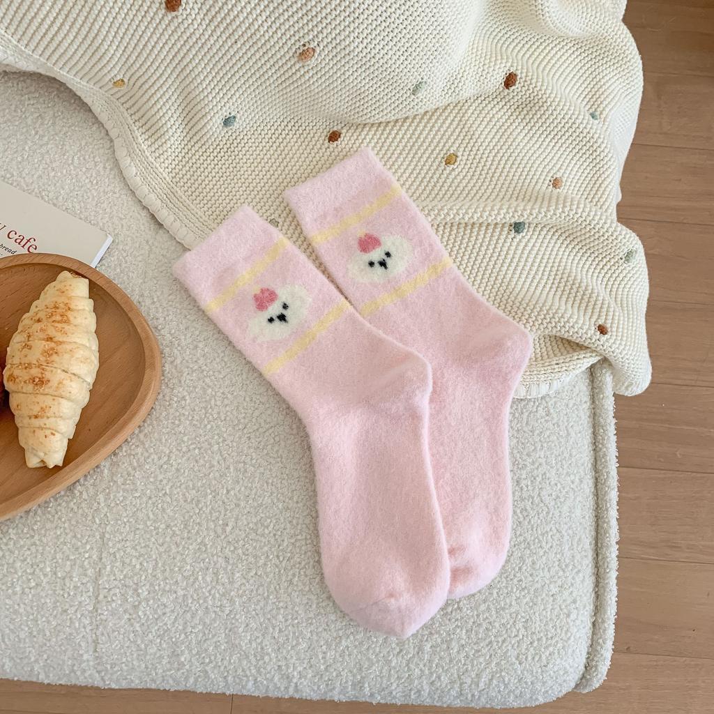 Pink Australian Fleece Socks Thickened Warm Socks Cartoon Striped Cute Plush Floor Socks