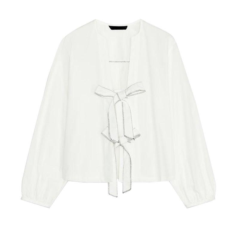 Summer New Product Women's Clothes round Neck Long Sleeves Contrast Color Seized Line Bowknot Decoration Poplin Shirt Tops 0387058