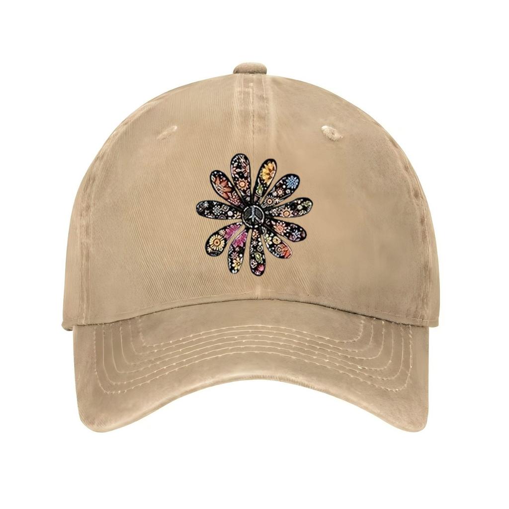 Peace Sign Flower Print Baseball Cap Distressed Cotton Adjustable Casual Hat for Adult Unisex