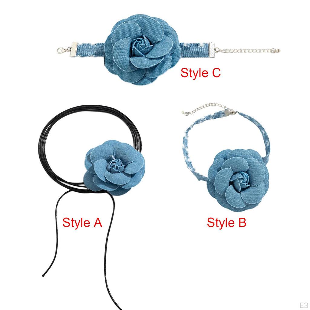 Big Flower Choker Necklace Vintage Style, Denim Large Neck