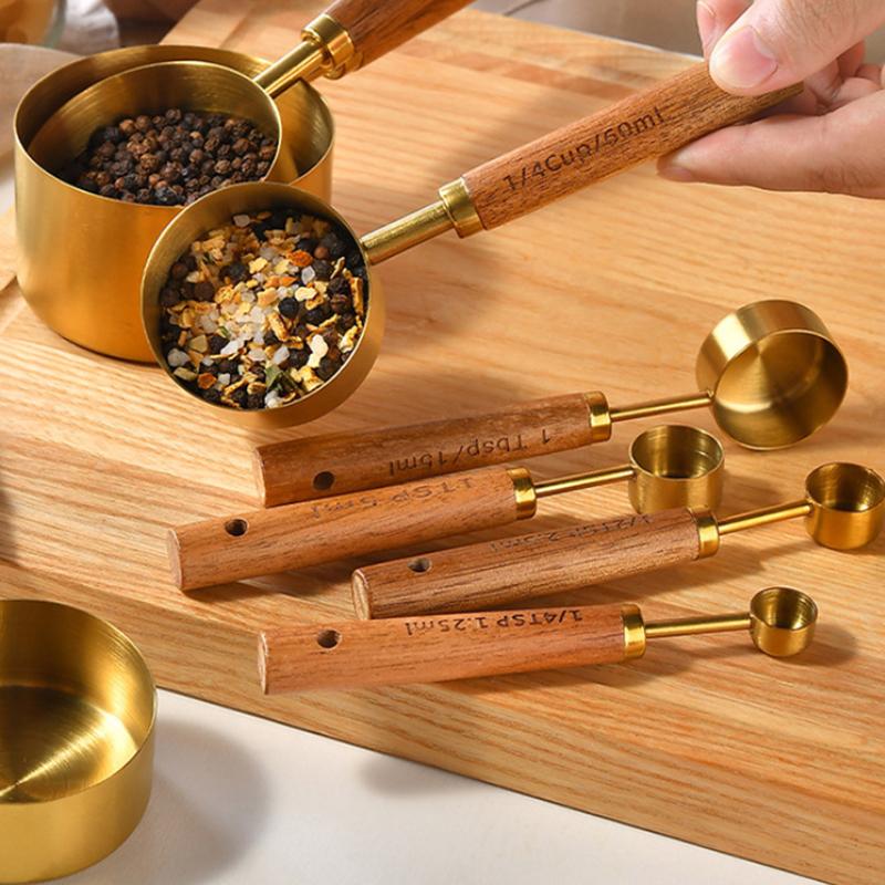 4/8Pcs Wooden Handle Stainless Steel Measuring Cups Spoons Baking Tools Coffee Measuring Spoon Set Bartending Scale Accessories