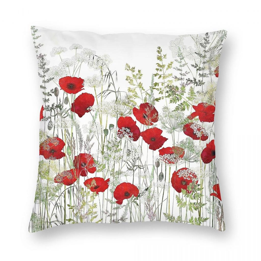 Red Poppy Field Square Pillowcase Polyester Linen Velvet Printed Zip Decor Pillow Case Bed Cushion Case