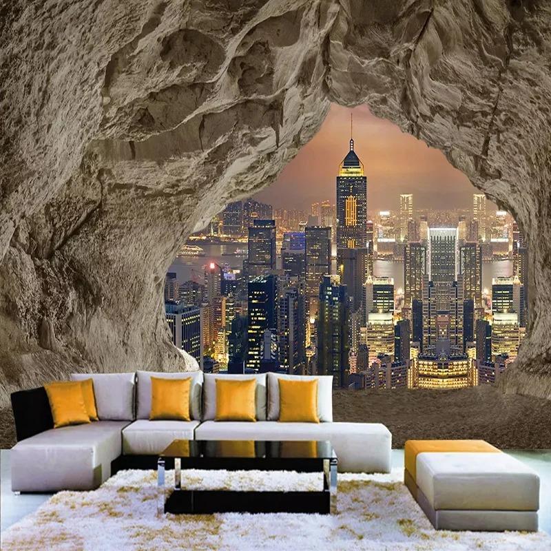 3d Creative Cave Stone Wall Mural City Night View Wallpaper Living Room Bedroom Tv Background Wall Paper Home Decor