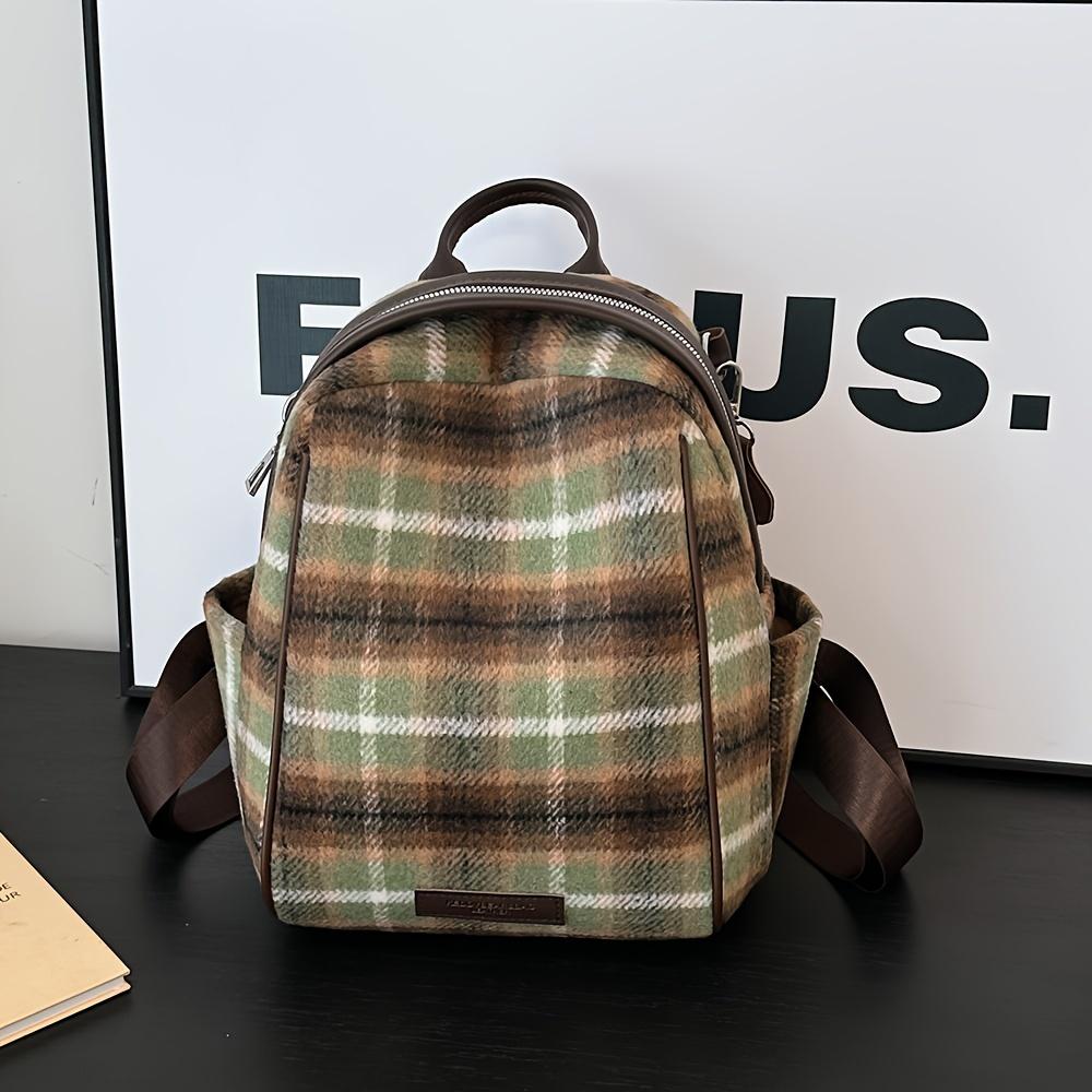 Casual Vintage Plaid Nylon Backpack for Women Large Capacity Zippered Adjustable Shoulder Straps Polyester Lined Carry-Over Daypack
