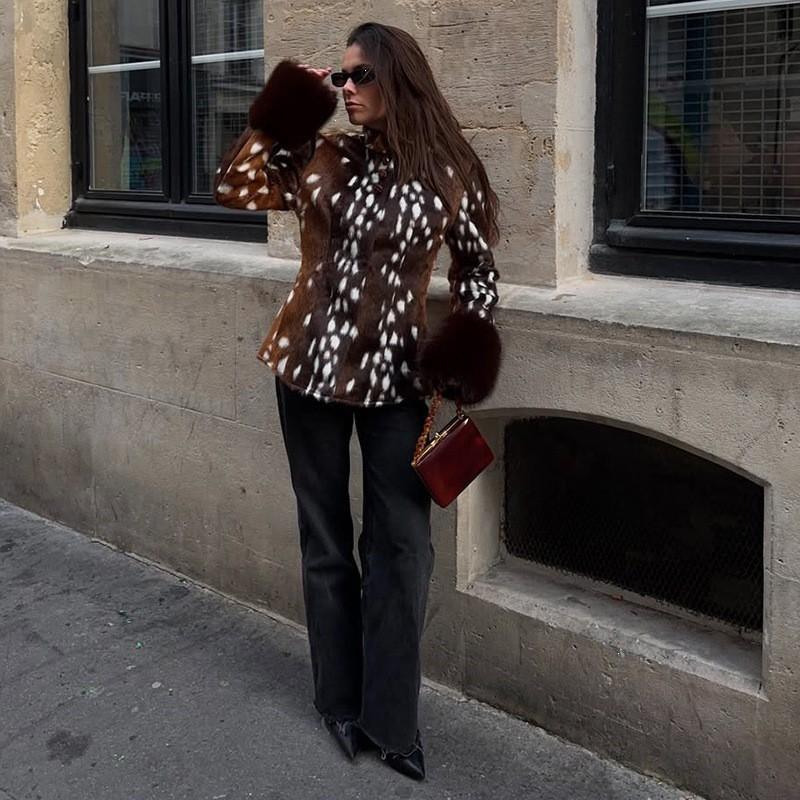 2026 Fall Winter Womens Retro Deer Faux Fur Stand Collar Short Jacket