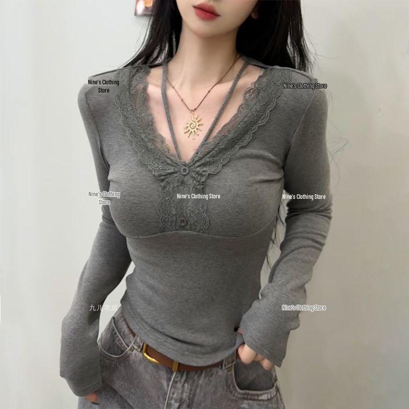 Lace Splicing V-Neck Long-Sleeve Thermal T-Shirt for Women - Autumn/Winter 2025 Fashion Style.