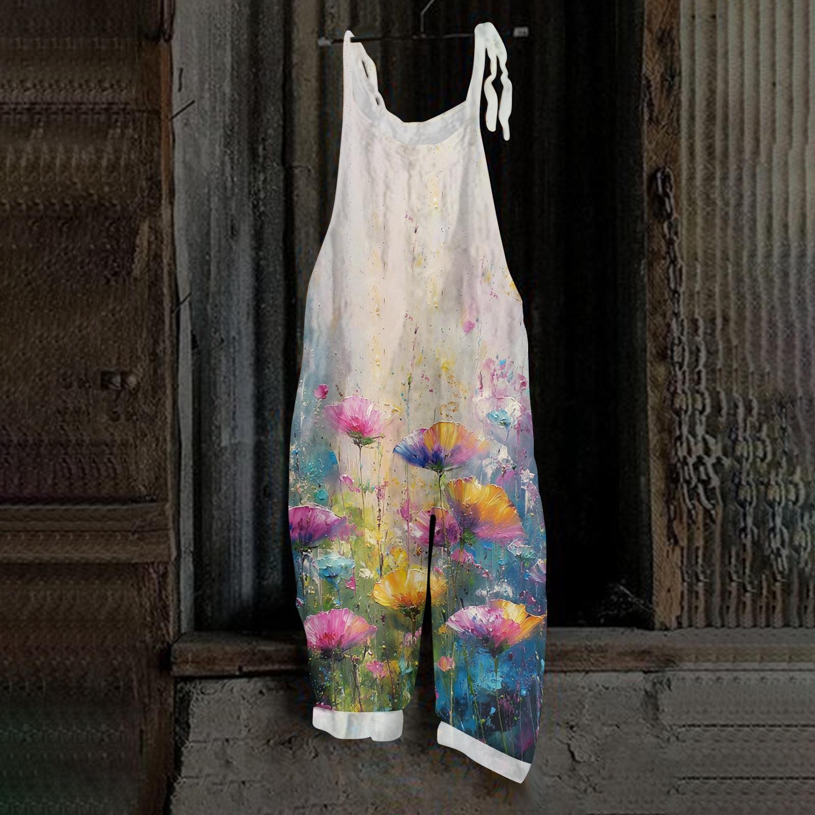 Женский ретро принт, повседневный свободный, ретро комбинезон, хлопок и лен, цельные брюки XXXL