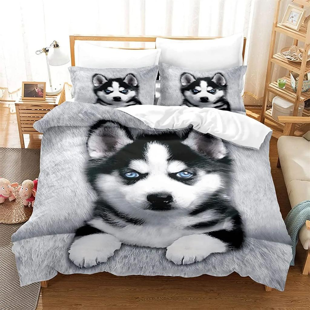 Cute Husky Duvet Cover Set Animal Printed Double Bed Three-Piece Quilt Cover Pillowcase Set