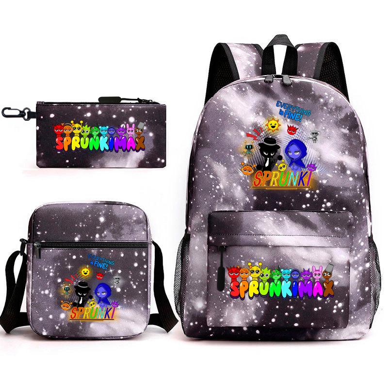 New Rhythm Box Student School Bag Three-piece Set, Casual Sprunki Backpack Crossbody Bag Pencil Bag