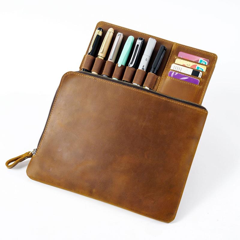 Fromthenon Cowhide Zipper Pen Bag Vintage Multiple Pen Case Large Capacity Removable Writing Case Stationery Storage Bag Quality