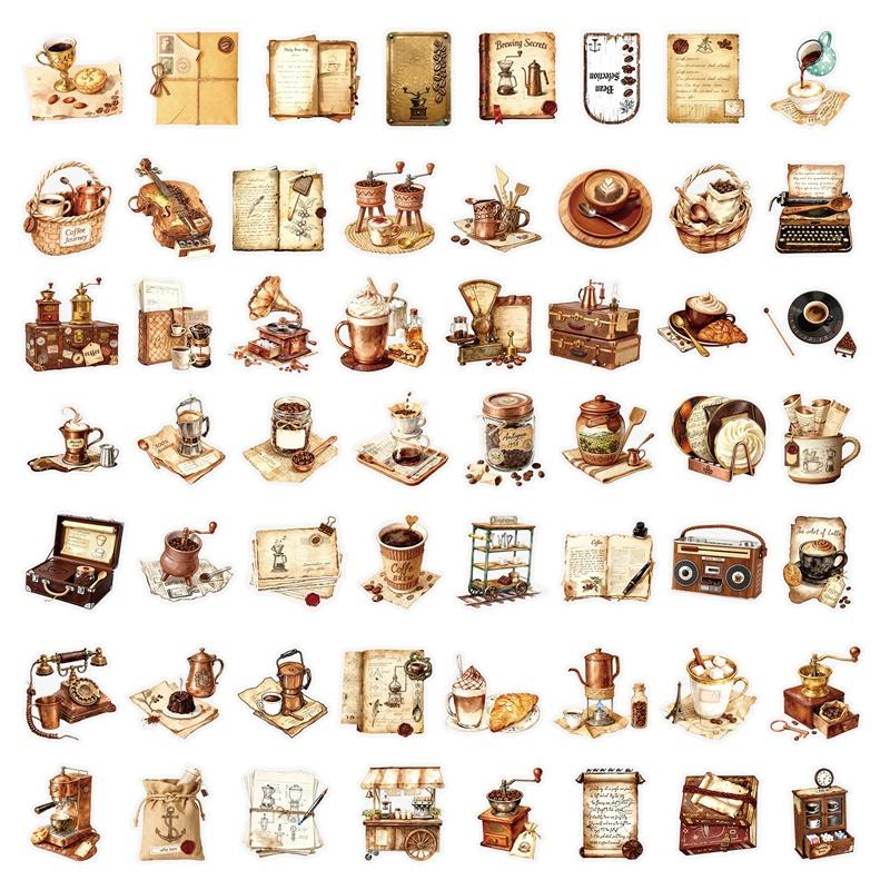 56 Piezas Vintage Café PET Pegatina para Teléfono Estética Decoración para Rasgar Decoración DIY Colorida Pegatinas de Graffiti para Portátil Equipaje