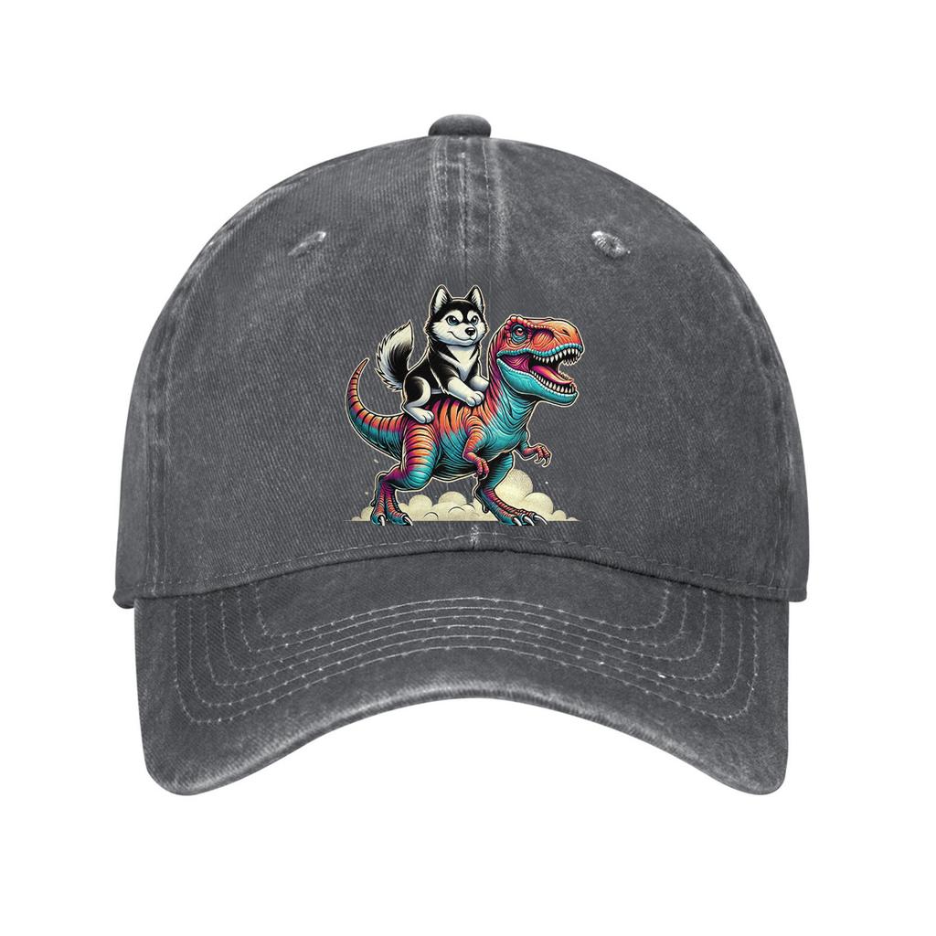 Husky Riding Dinosaur Print Baseball Cap Washed Cotton Adjustable Dad Hat Casual Outdoor Sports Cap