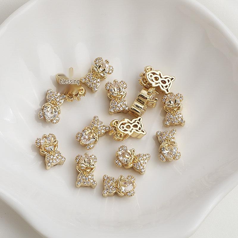14K Gold-Filled Zirconia Bear Beads with Engraved Butterfly Crystal for DIY Jewelry.