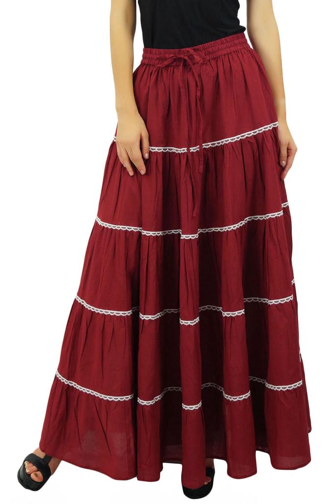 Bimba Damen Langer ausgestellter Baumwollrock Boho Maxi Unterteil Elastische Taille