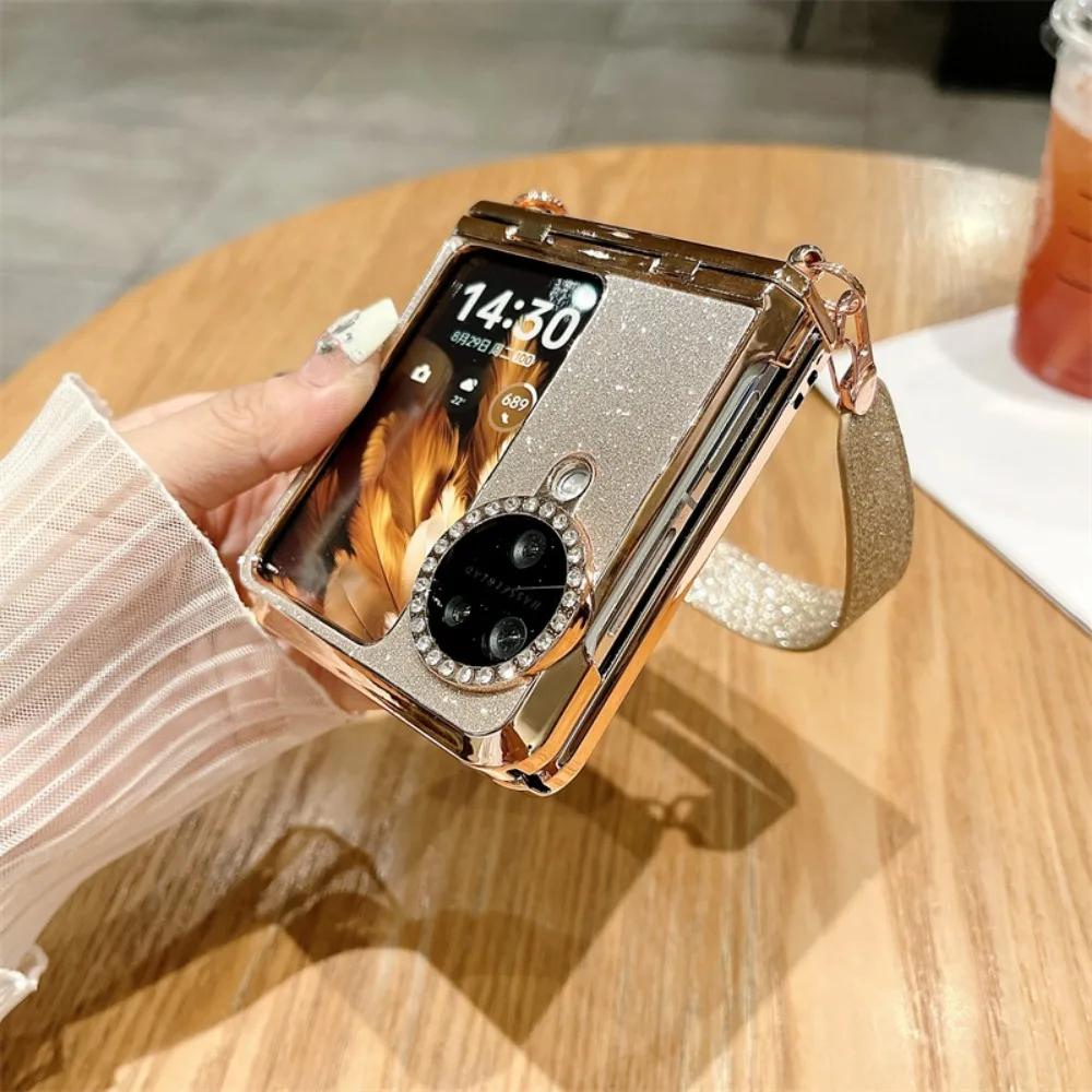 Luksusowy Elektroplaterowany Brokatowy Błyszczący Pasek na Nadgarstek do Etui OPPO Find N3 N2 Flip Składane Wstrząsoodporne Ochronne Twarde Plecki Pełna Ochrona