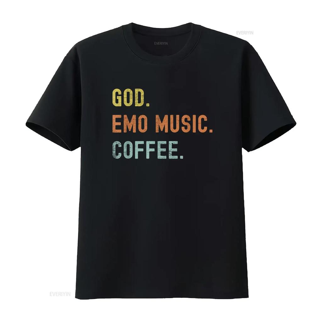 Vintages Emo Music And Coffee Distressed T Shirt vintage Washed Soft Breathable Stylish Versatile Unisex homme Casual Stretched