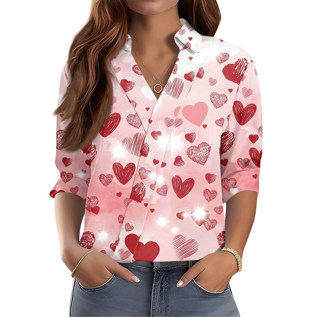 Women's 3/4-Sleeve V-Neck Shirt Printed Workwear Casual Regular Shirt Collar Top
